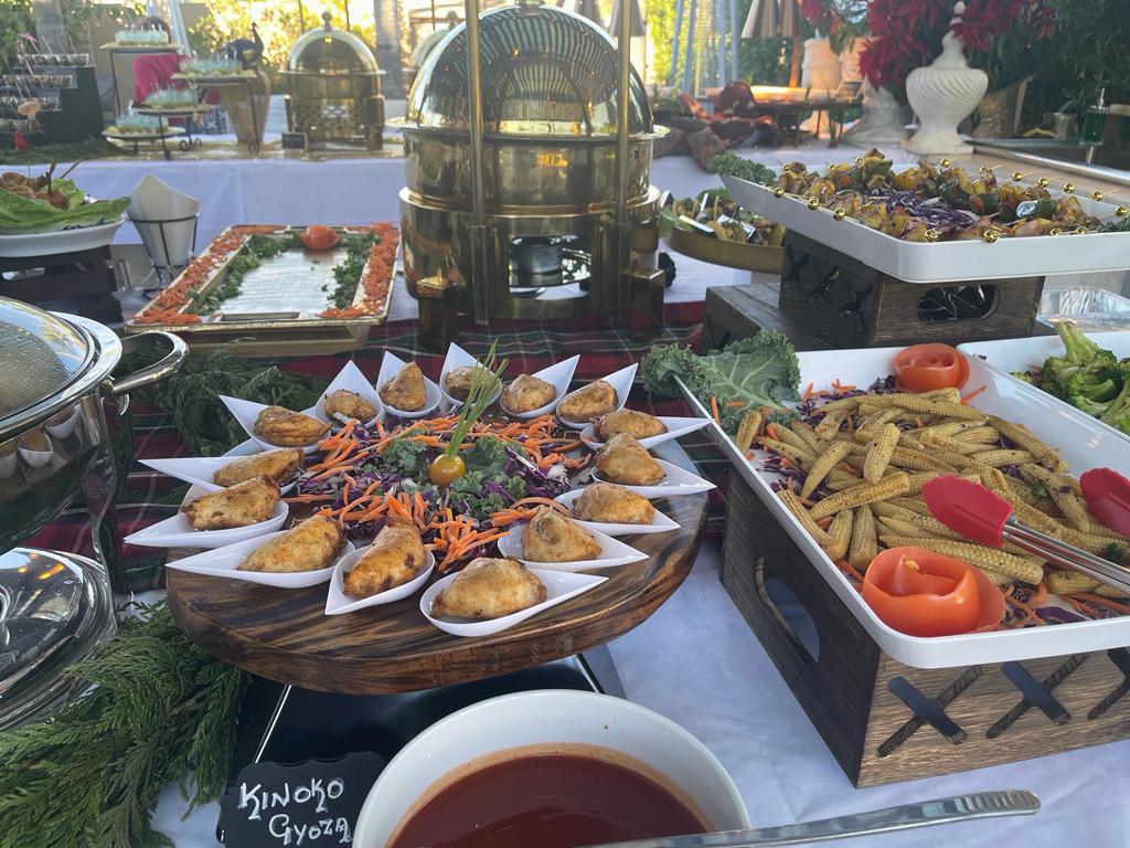Kinoko gyoza and mixed appetizer spread at a Vilvas catered event