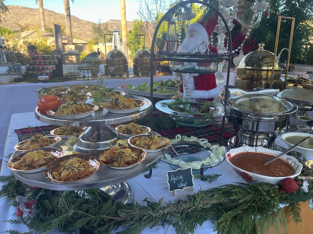 Paneer wrap holiday buffet spread with festive decor